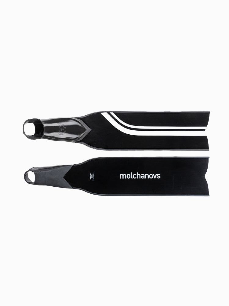 Molchanovs PRO Bifins 3 Fiberglass showing blade front and back, with Molchanovs branding on the underside
