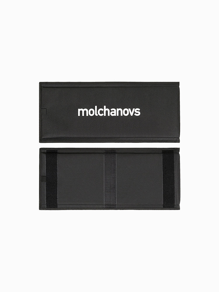Molchanovs bifin blade protector front and back flat lay, showing velcro strap detail on interior
