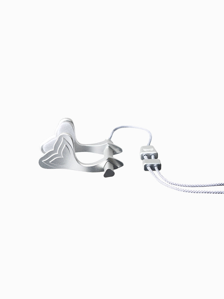 Molchanovs A6063x nose clip in silver aluminum with dark rubber nose pads and white braided lanyard, side view