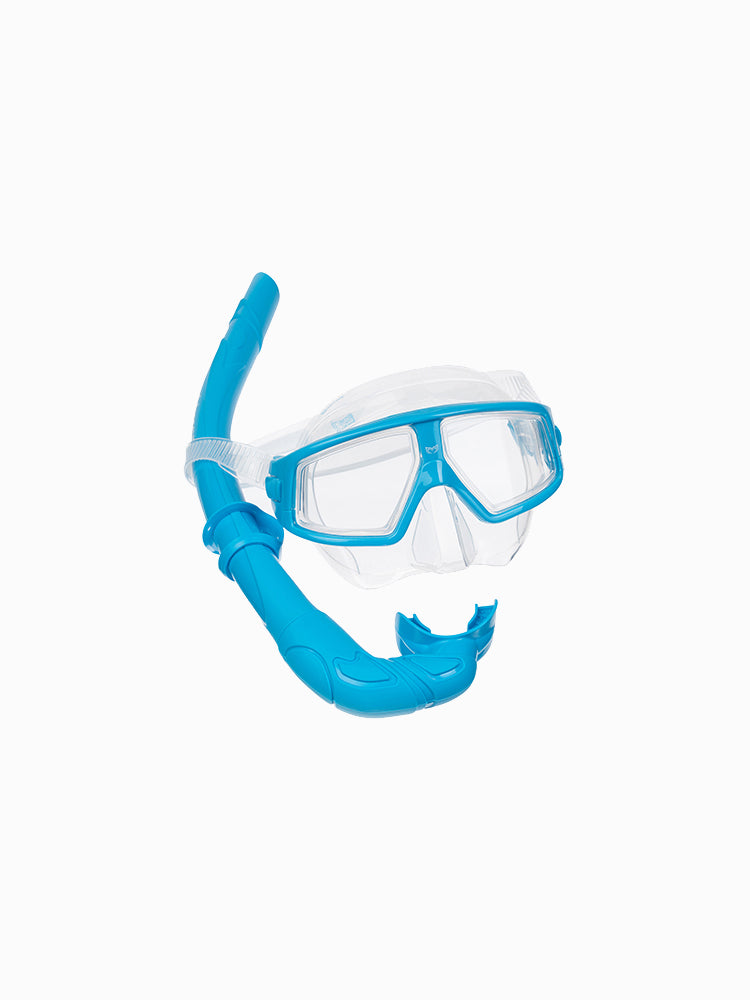 Molchanovs CORE freediving mask and snorkel bundle in teal blue with clear silicone skirt, angled view