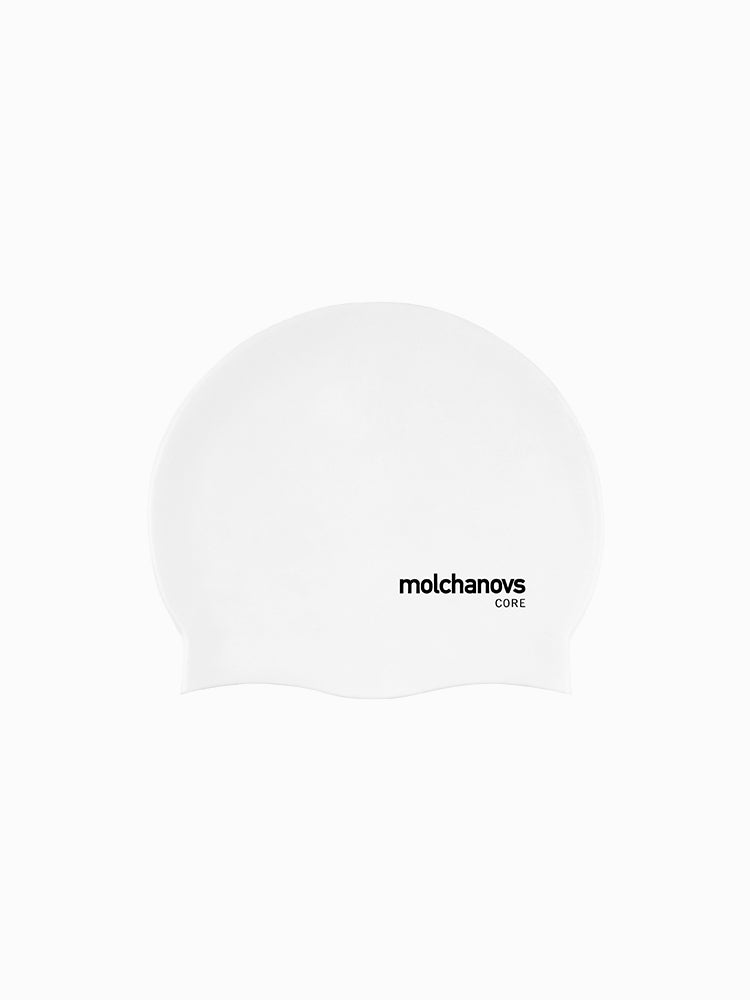Molchanovs CORE silicone swim cap in white, flat lay on white background