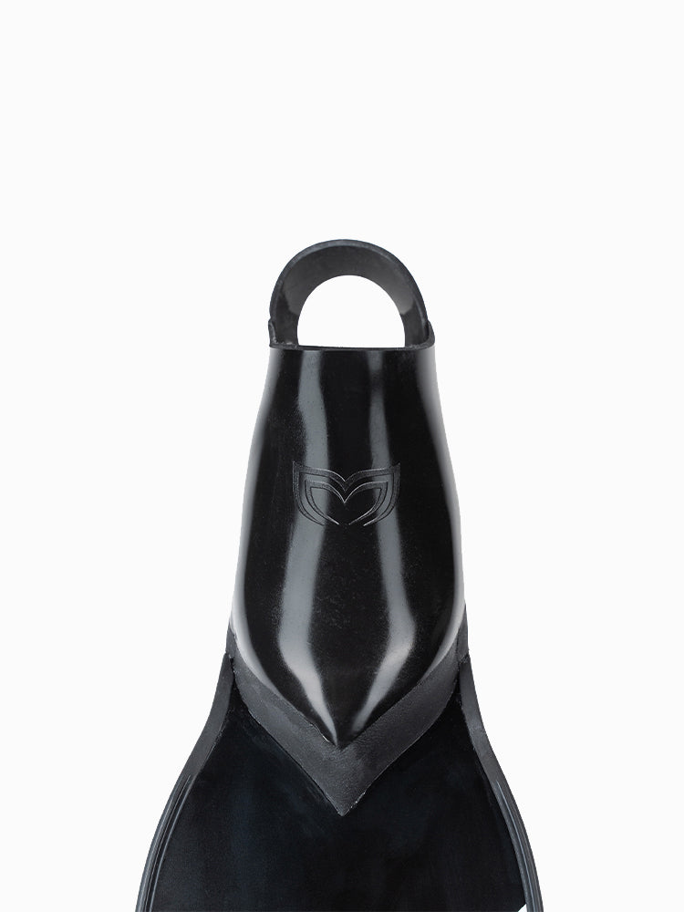 Close-up of Molchanovs PRO Bifins 3 Fiberglass rubber foot pocket with embossed Molchanovs logo, black