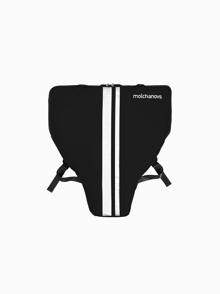 Molchanovs monofin bag in black, front view, with white stripe detail and zipper closure