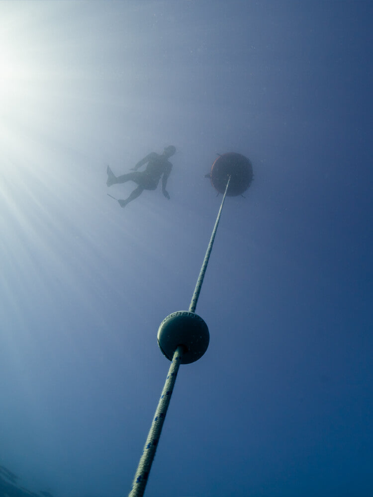 Molchanovs lanyard stopper on a freediving line viewed from depth, freediver and buoy visible at the surface above