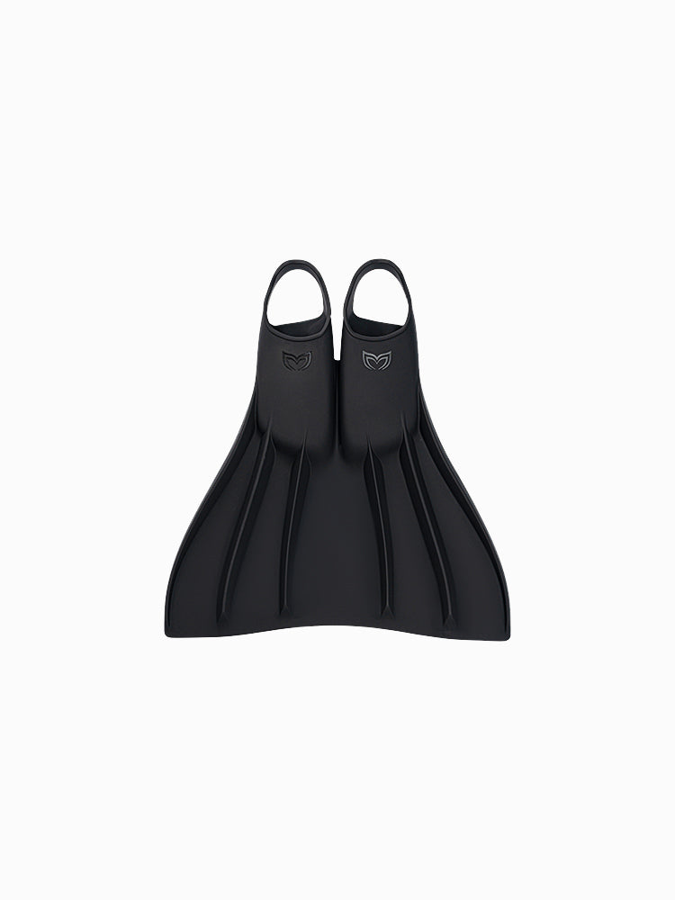 Molchanovs CORE Silicone Monofin in black, front view showing foot pockets and ribbed blade