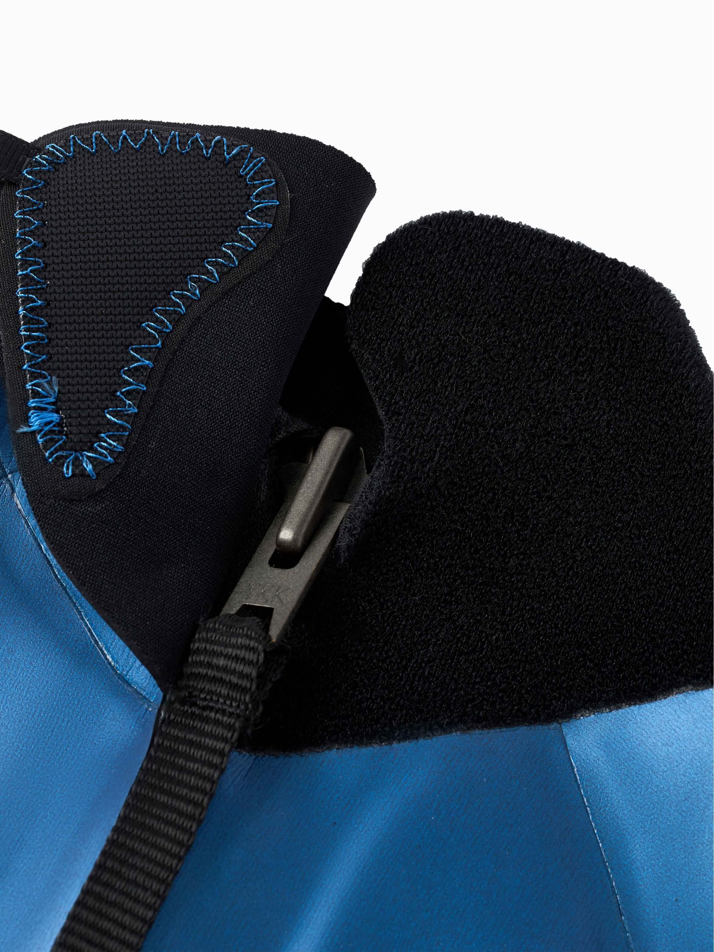Inside view of the Molchanovs SPORT wetsuit neck closure, showing velcro flap and clip fastener on the zipper pull strap