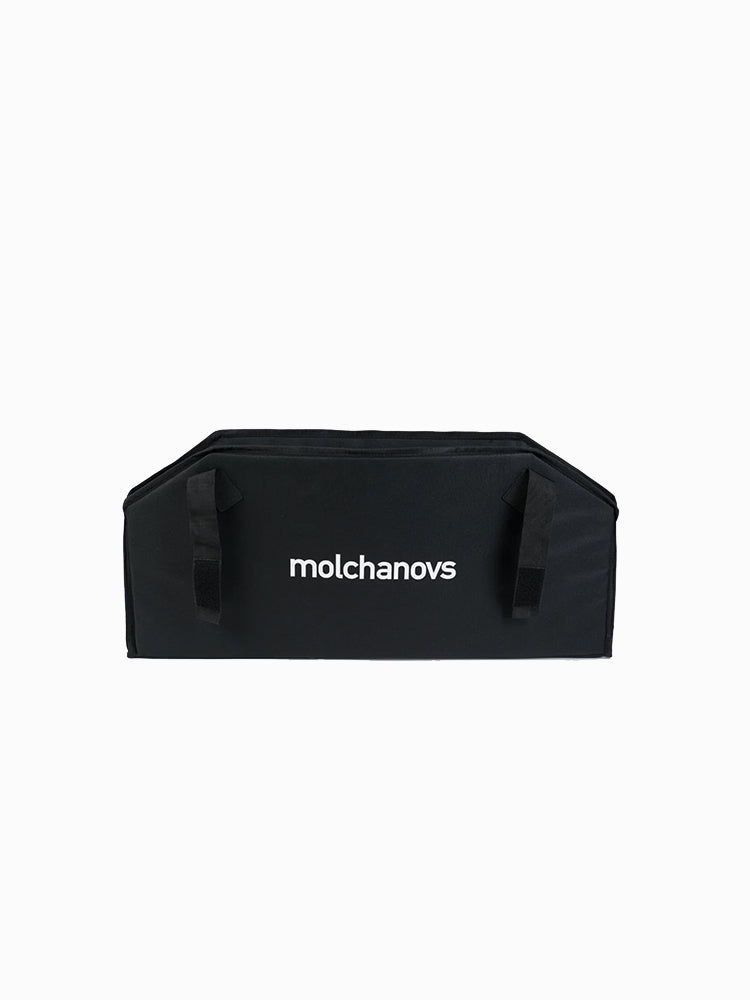 Molchanovs monofin blade protector fully assembled and closed, side profile showing padded depth and velcro straps