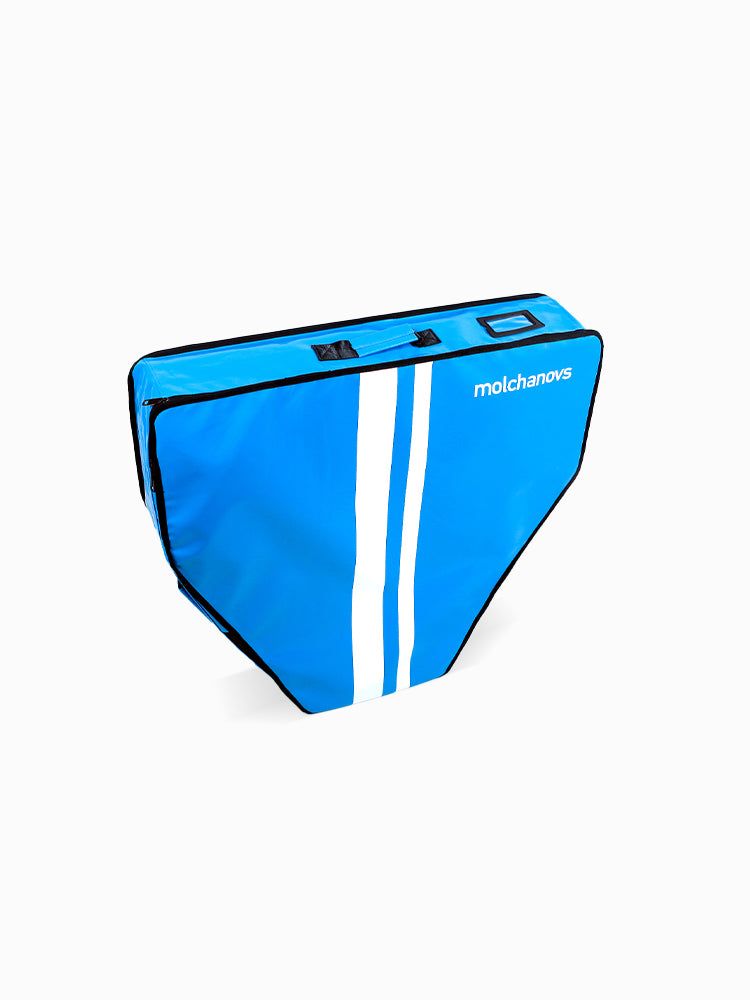 Molchanovs hard monofin bag in blue with white stripes, front view