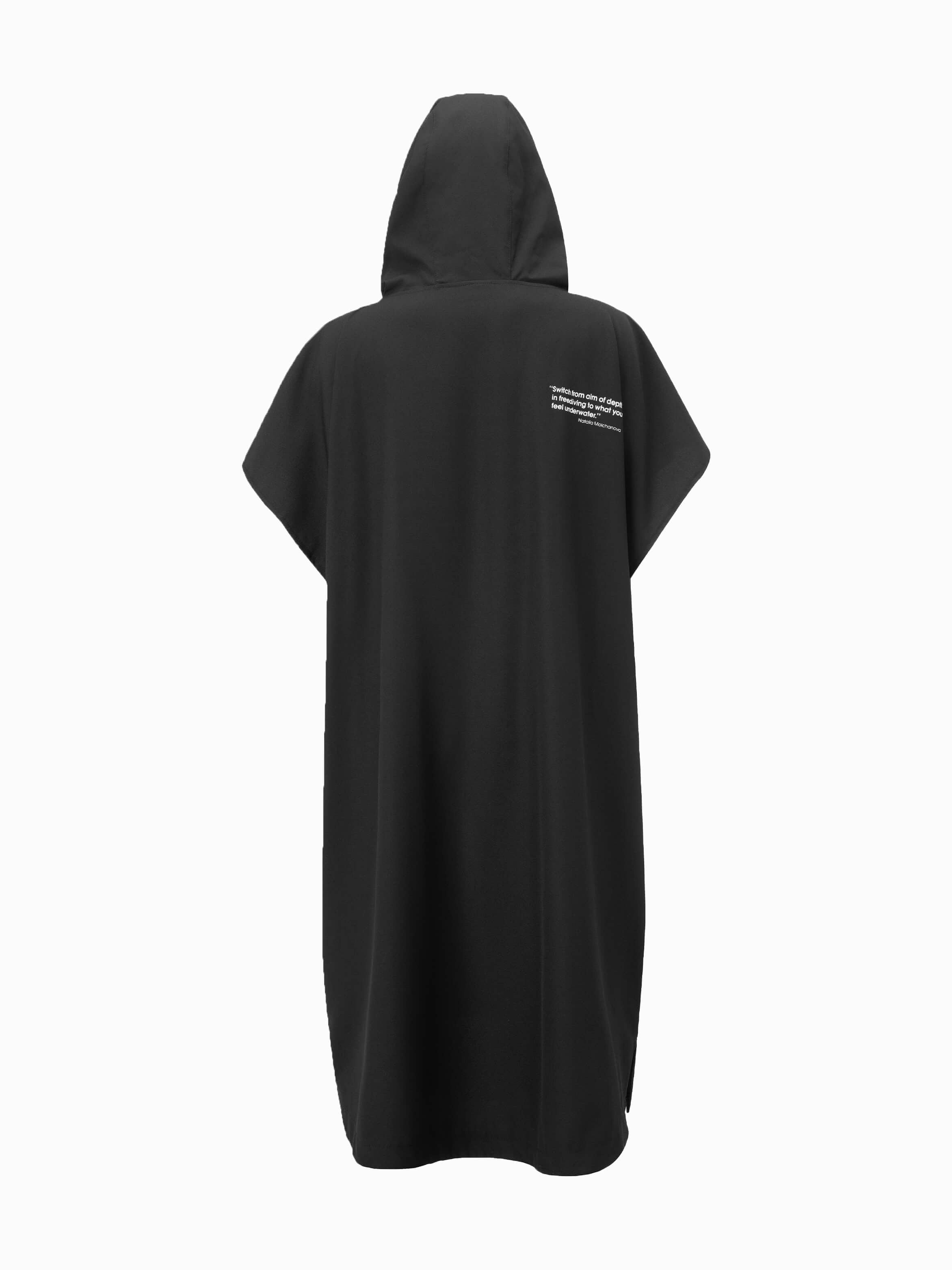 Molchanovs poncho towel in black, rear view with printed quote on upper back