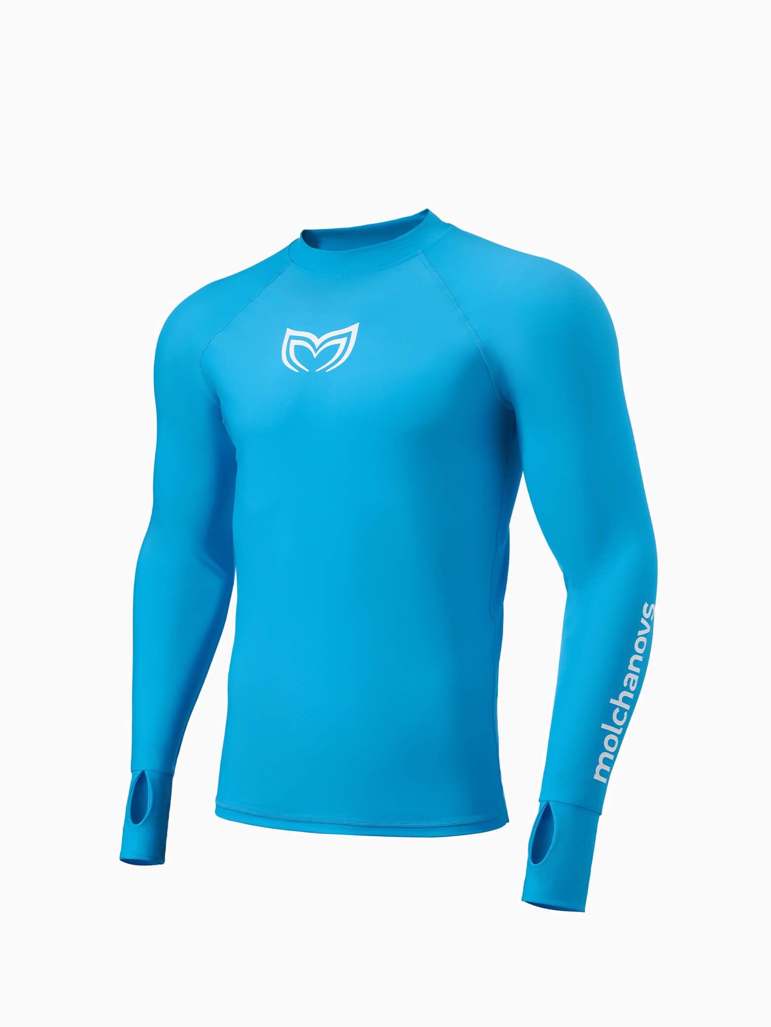 Molchanovs Men's UPF 50+ rash guard in blue, three-quarter front view with Molchanovs sleeve text and thumb loop cuffs