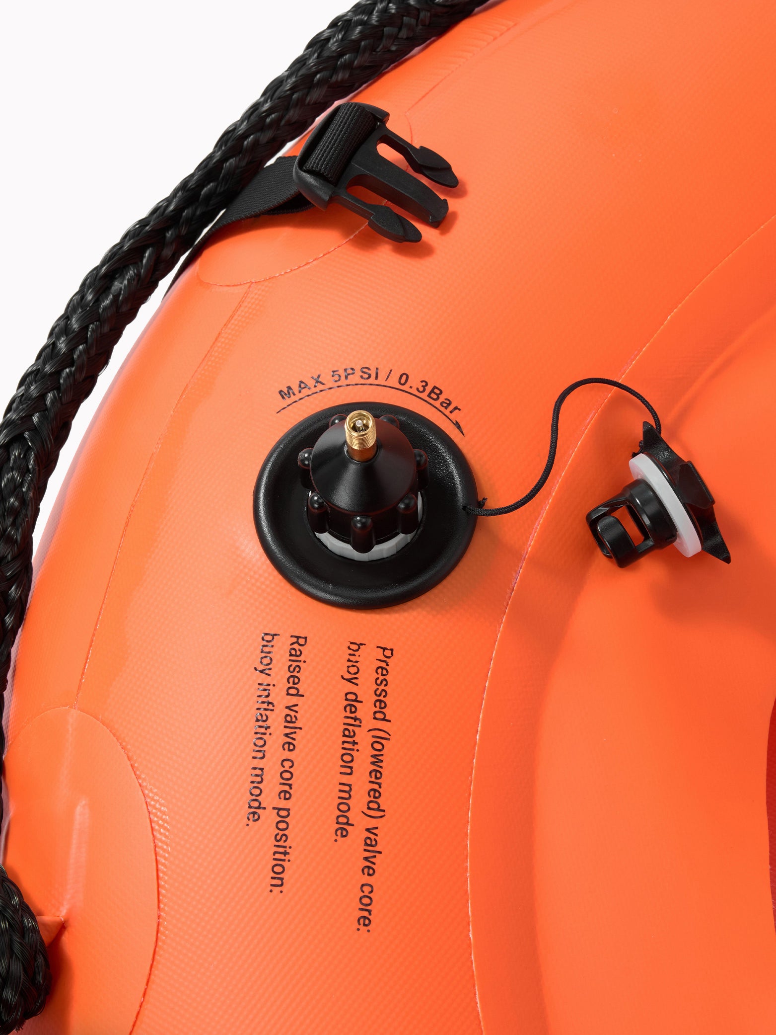 Side close-up of the Molchanovs PRO buoy showing the MAX 5PSI inflation valve, tethered cap, and buckle on the braided rope