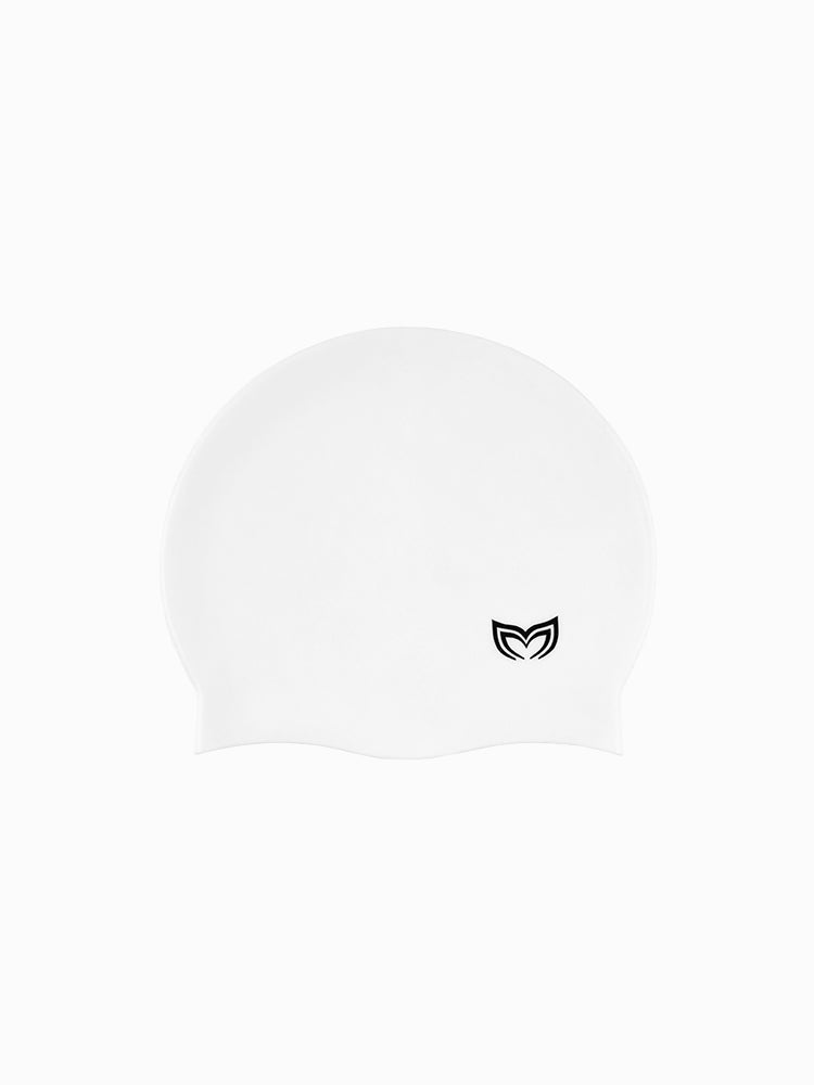 Molchanovs CORE silicone swim cap in white showing the Molchanovs wing logo, reverse angle