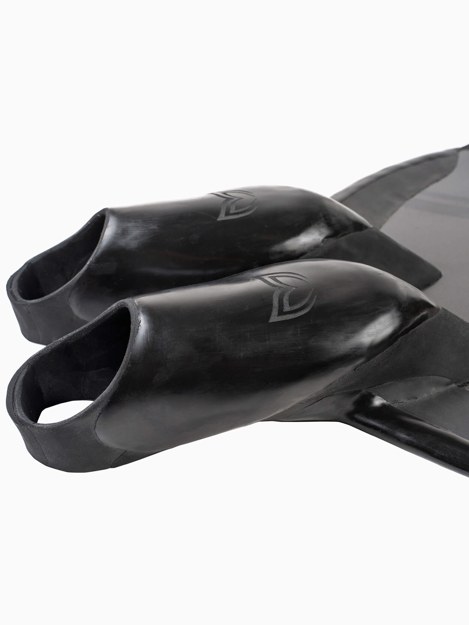 Molchanovs PRO Monofin 4X Carbon rubber foot pockets close-up showing Molchanovs logo and opening