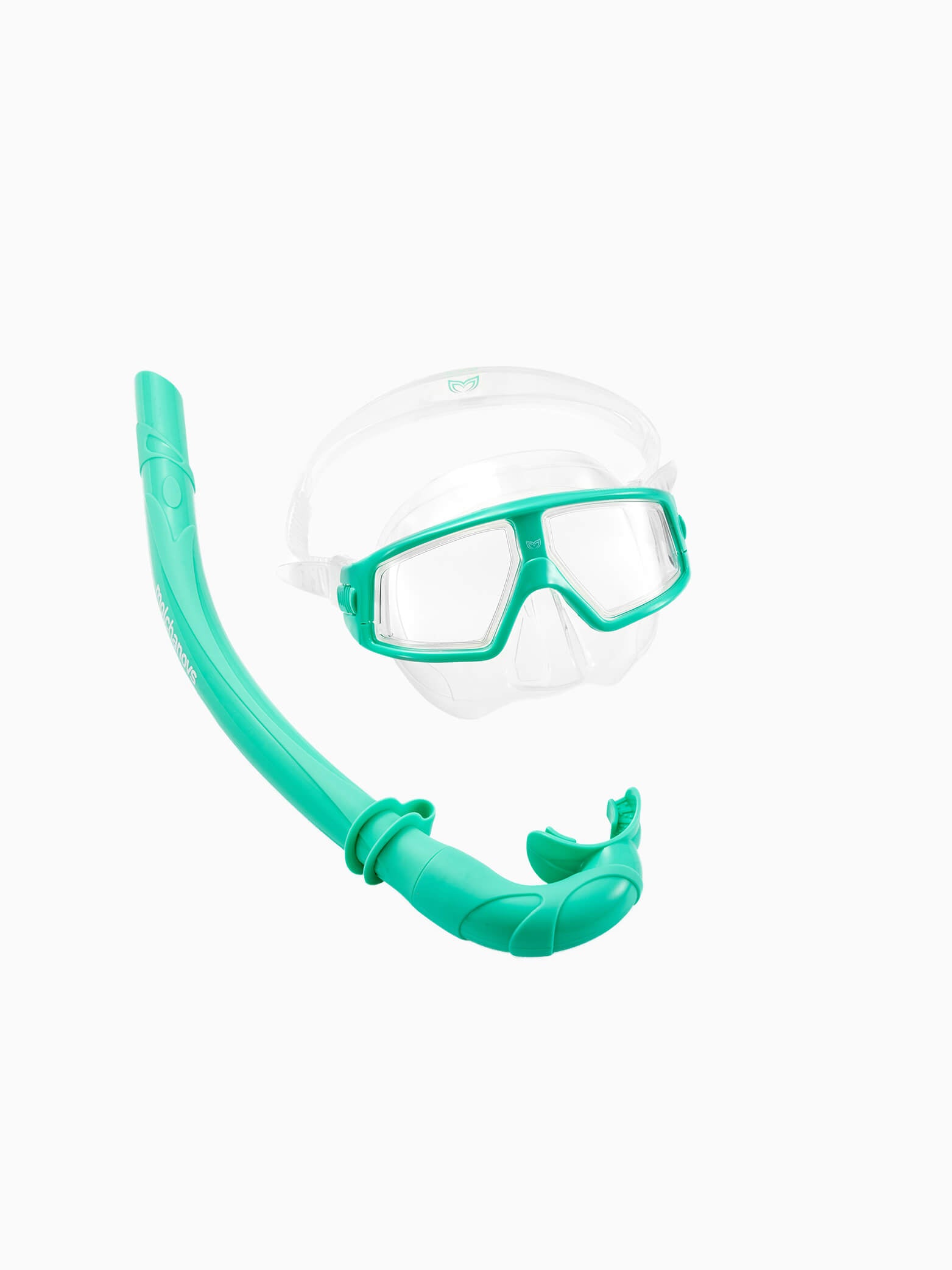 Molchanovs CORE freediving mask and snorkel bundle in mint green with clear silicone skirt, angled view