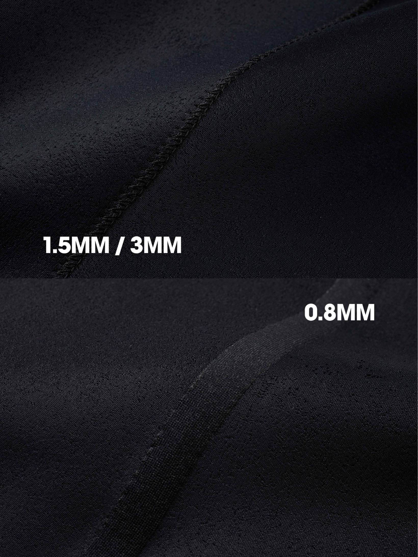 Molchanovs PRO wetsuit neoprene thickness comparison: 1.5mm and 3mm panels versus 0.8mm panel close-up