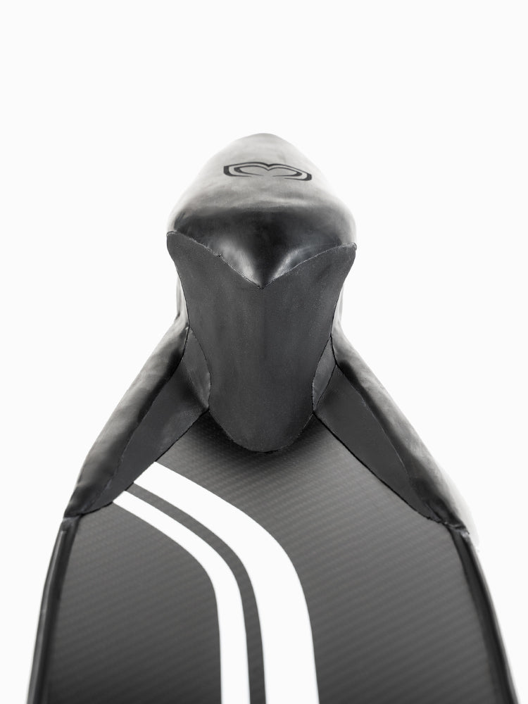 Front view of the PRO Hyper Carbon Bifins foot pocket showing the Molchanovs logo and dual-blade spread