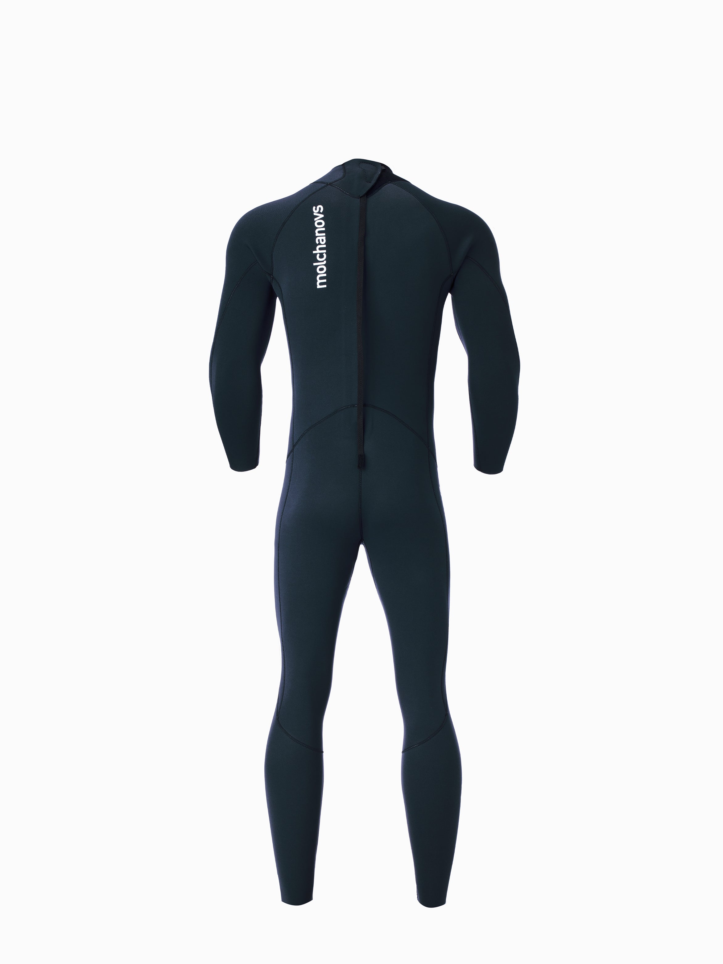 Molchanovs CORE mens 2.5mm one piece wetsuit, navy neoprene, rear view showing back zip and panel seams