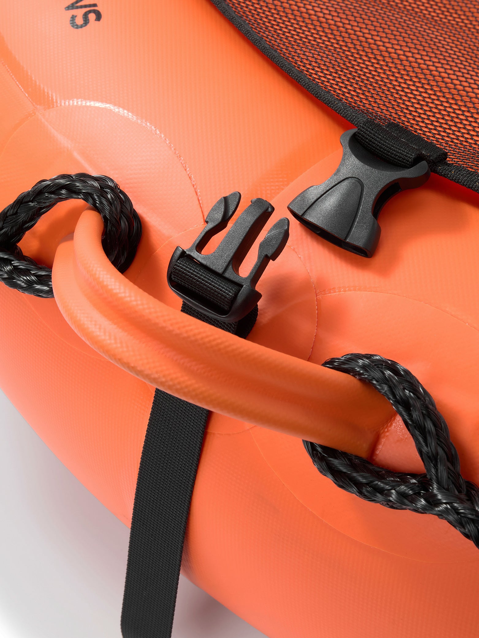 Detail of the Molchanovs PRO buoy handle grip, showing the orange molded loop, quick-release buckle, braided rope, and mesh panel edge