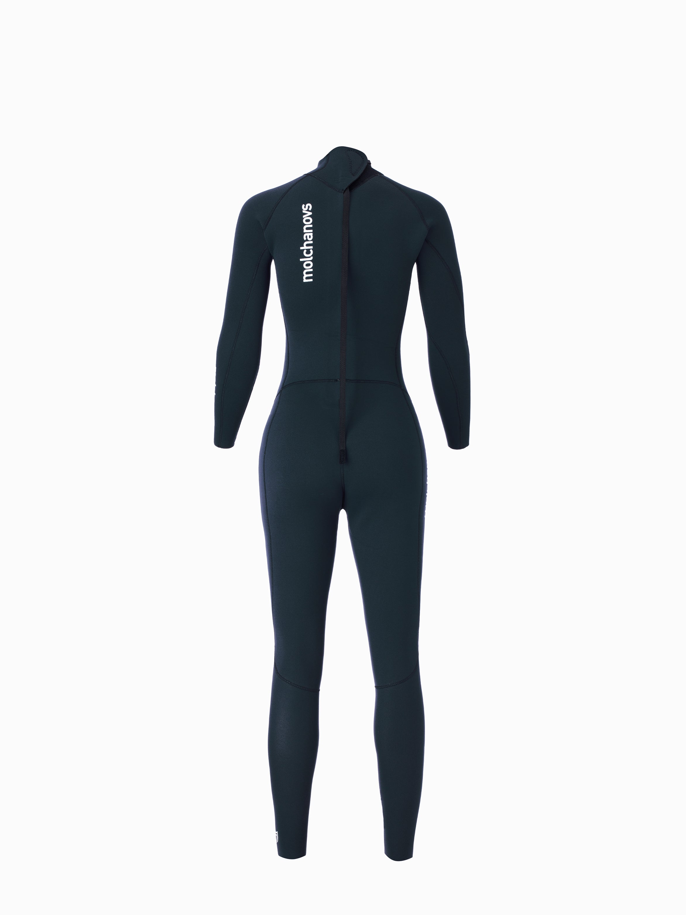 Molchanovs CORE women's 2.5mm freediving wetsuit, rear view showing back zip and navy neoprene