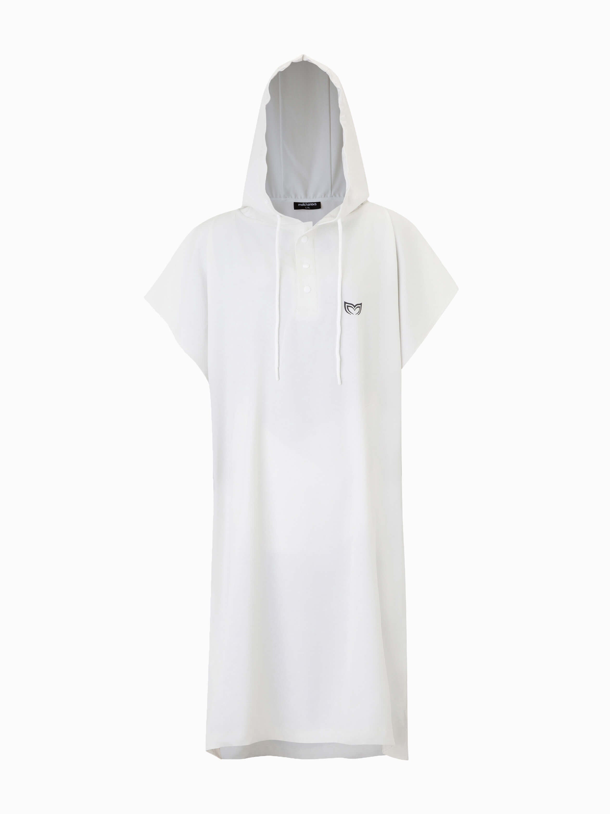 Molchanovs lightweight poncho towel in white, front view, with hood, snap buttons, and drawstring