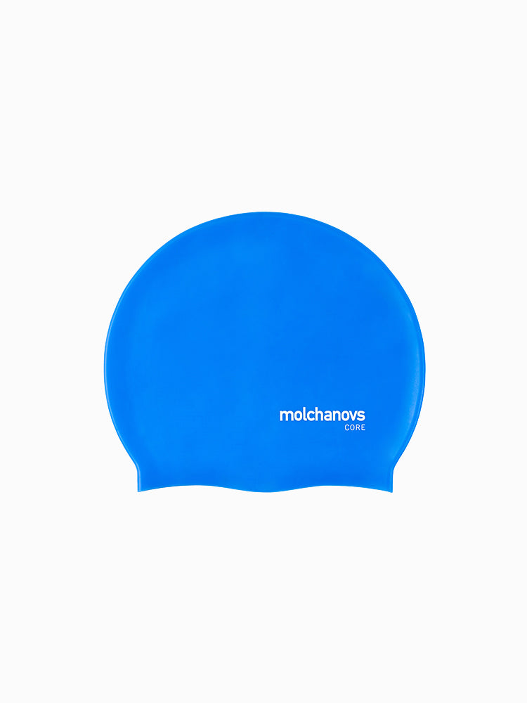 Molchanovs CORE silicone swim cap in royal blue, flat lay on white background