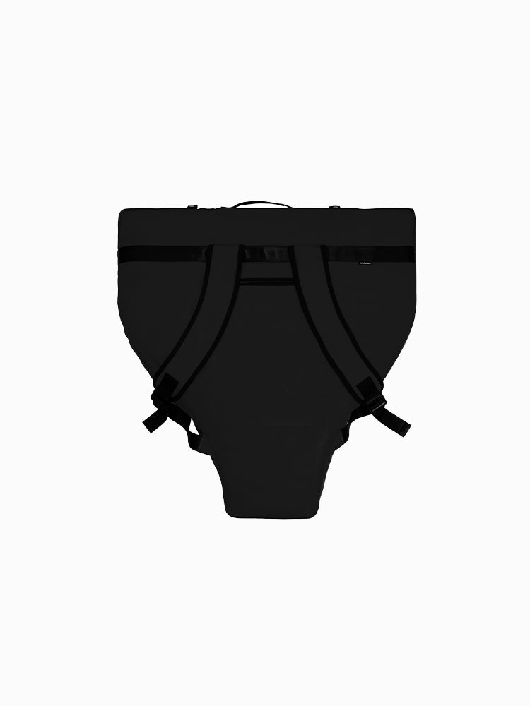 Molchanovs monofin bag in black, rear view, showing backpack shoulder straps and buckle hardware