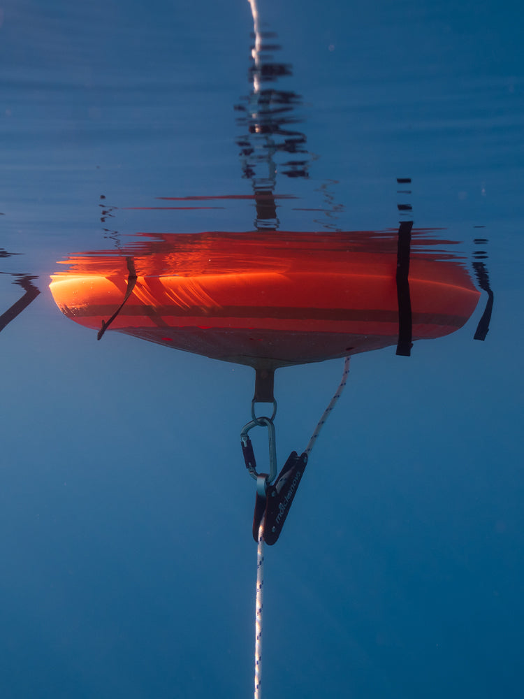 Molchanovs A6061 rope pulley on a carabiner beneath a red freediving buoy, photographed from below the surface