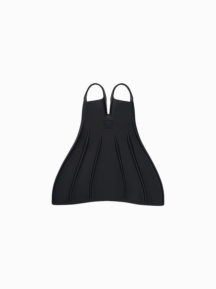 Molchanovs CORE Silicone Monofin in black, rear view showing blade ribs and Molchanovs AQ-AB label