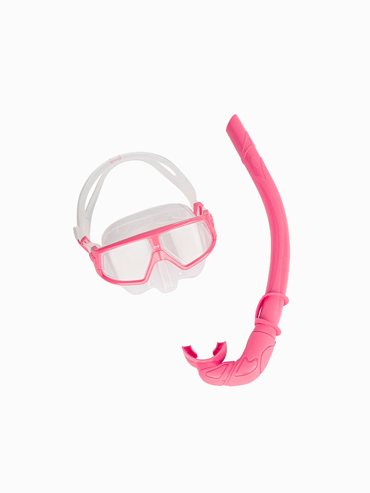 Molchanovs CORE freediving mask and snorkel bundle in pink with white clear silicone skirt, angled view