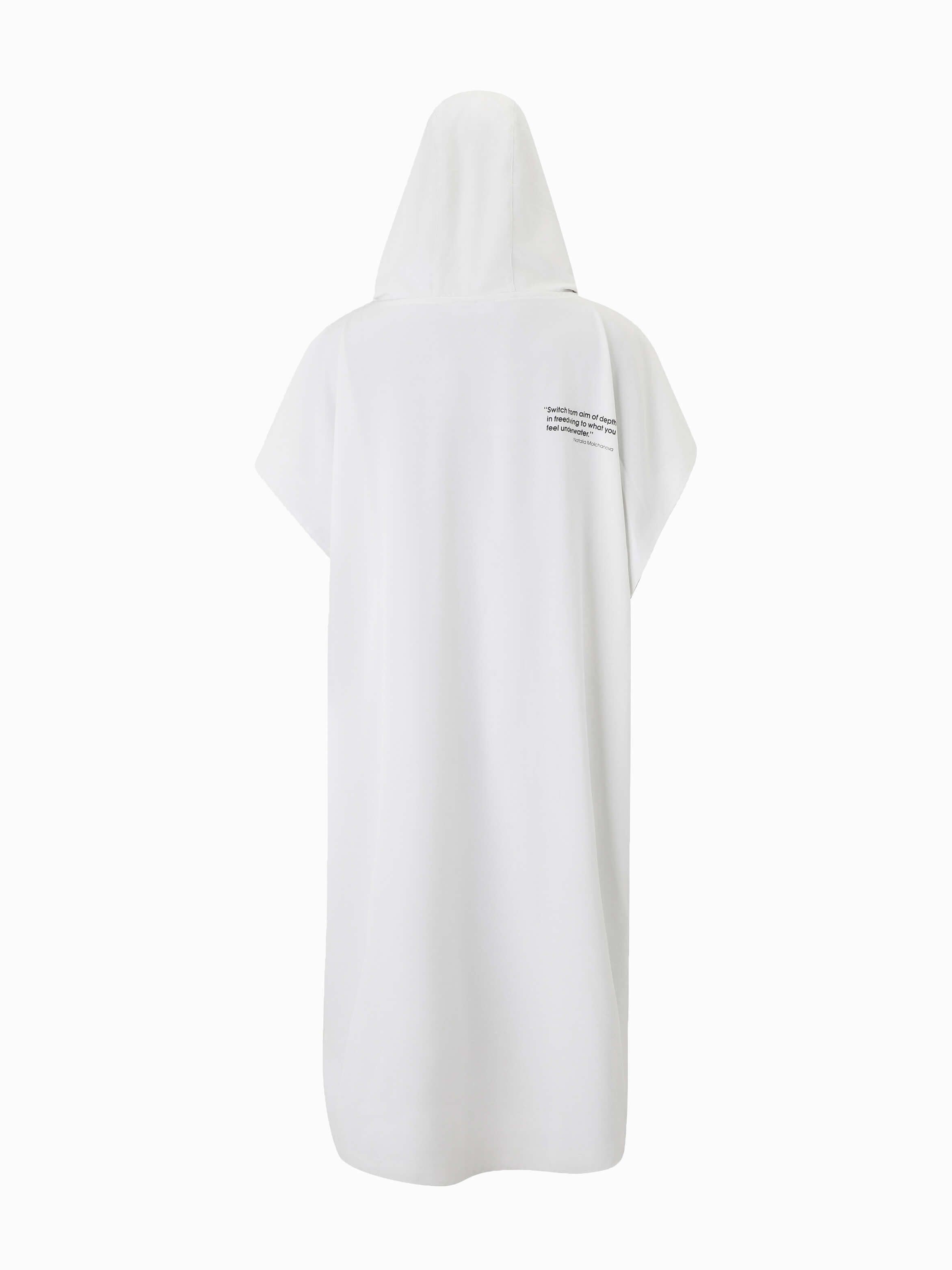Molchanovs poncho towel in white, rear view with printed quote on upper back