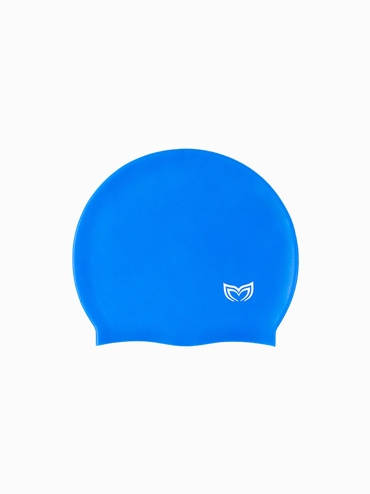 Molchanovs CORE silicone swim cap in royal blue showing the Molchanovs wing logo, reverse angle