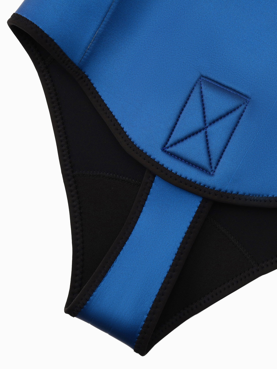 Close-up of the blue and black Molchanovs SPORT wetsuit crotch panel showing the reinforced X-stitch attachment point