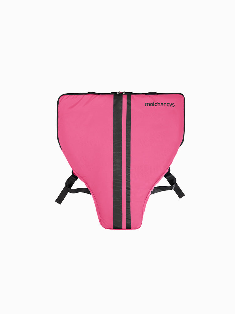 Molchanovs monofin bag in pink, front view, with black stripe detail, zipper closure, and Molchanovs logo
