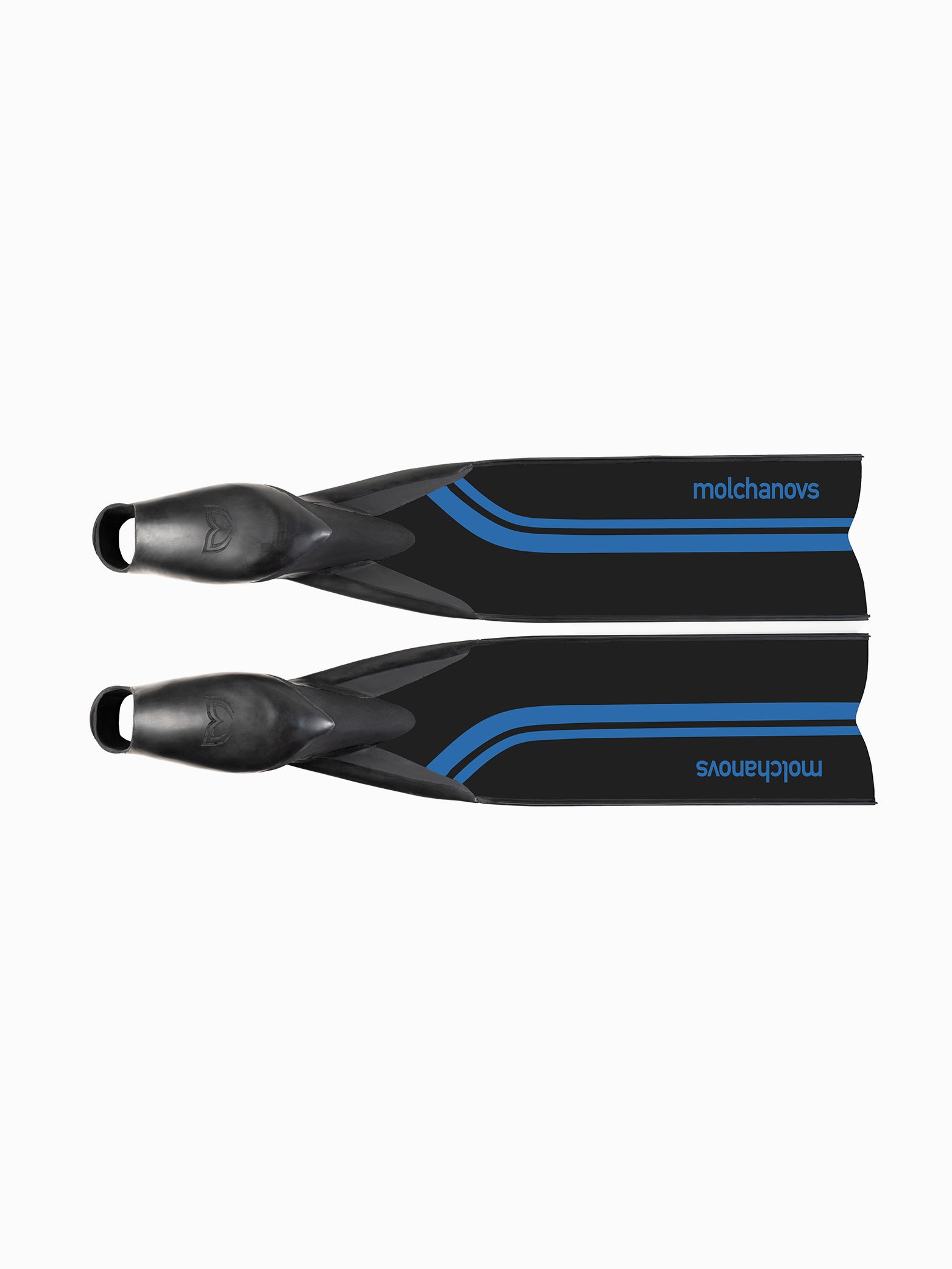 Molchanovs PRO Hyper Bifins X Fiberglass in black with blue stripe, pair shown from above