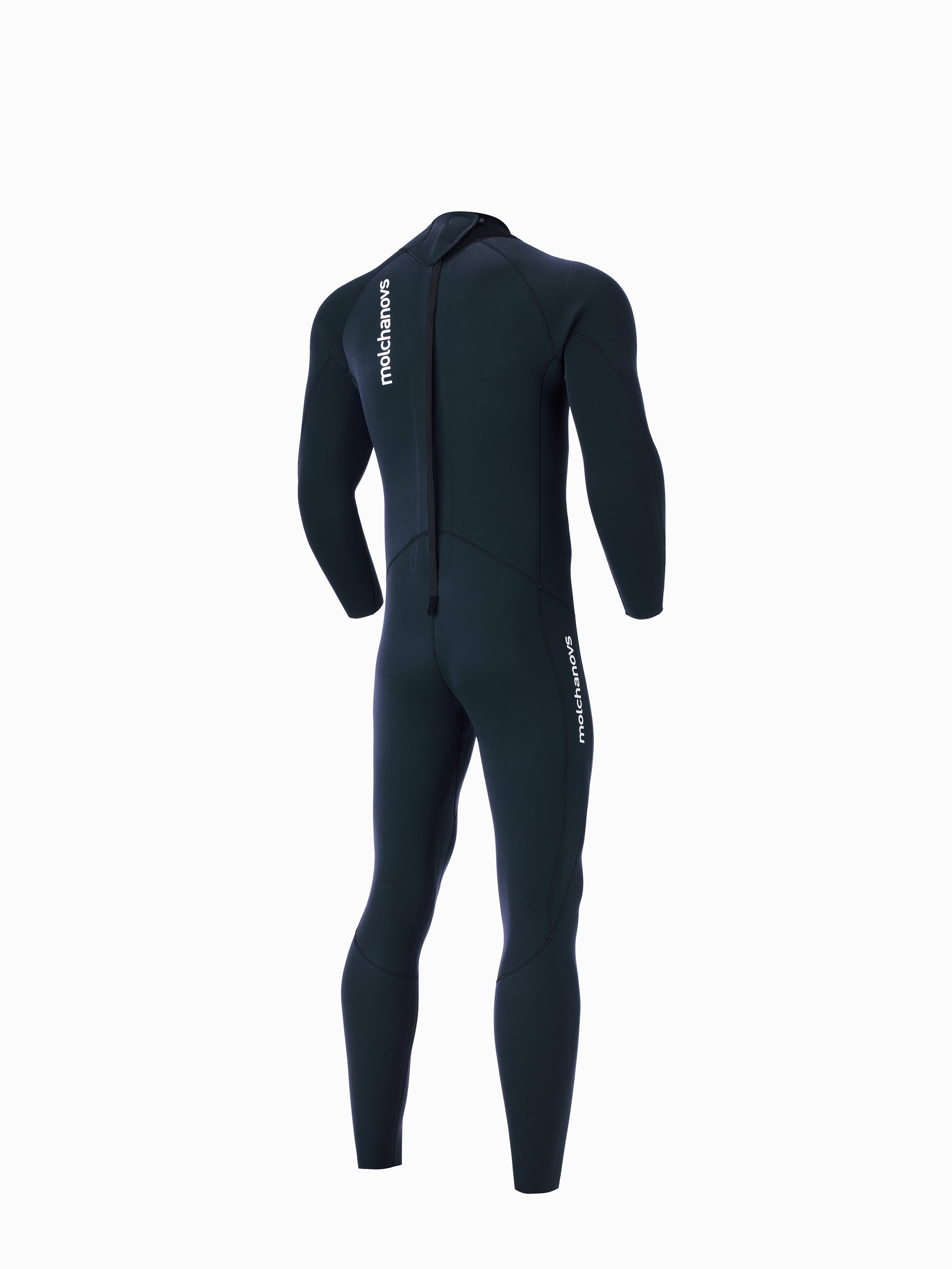 Molchanovs CORE mens one piece wetsuit 2.5mm, navy neoprene, three-quarter rear angle showing back zip and leg panelling
