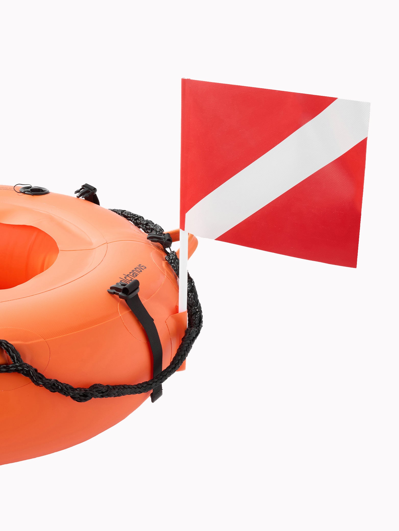 Molchanovs PRO freediving buoy with a dive flag attached to the flag pole mount, shown at an angle on white background