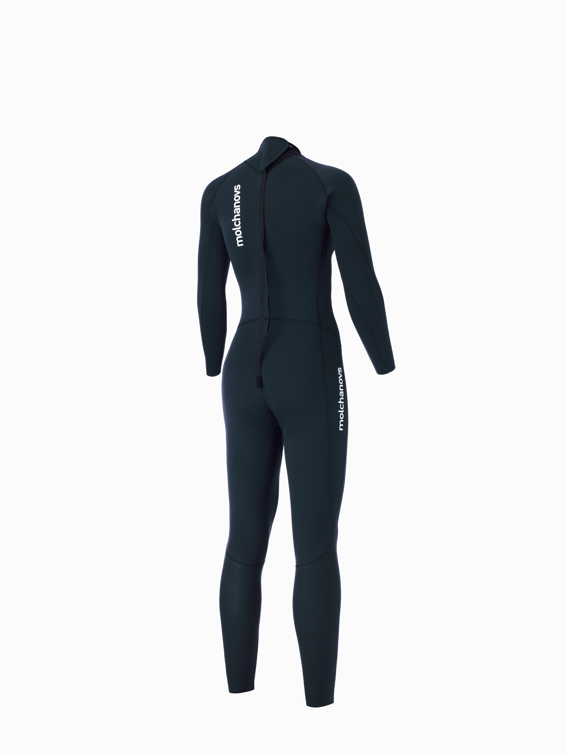 Molchanovs CORE women's 2.5mm wetsuit, three-quarter rear angle on mannequin, back zip detail visible