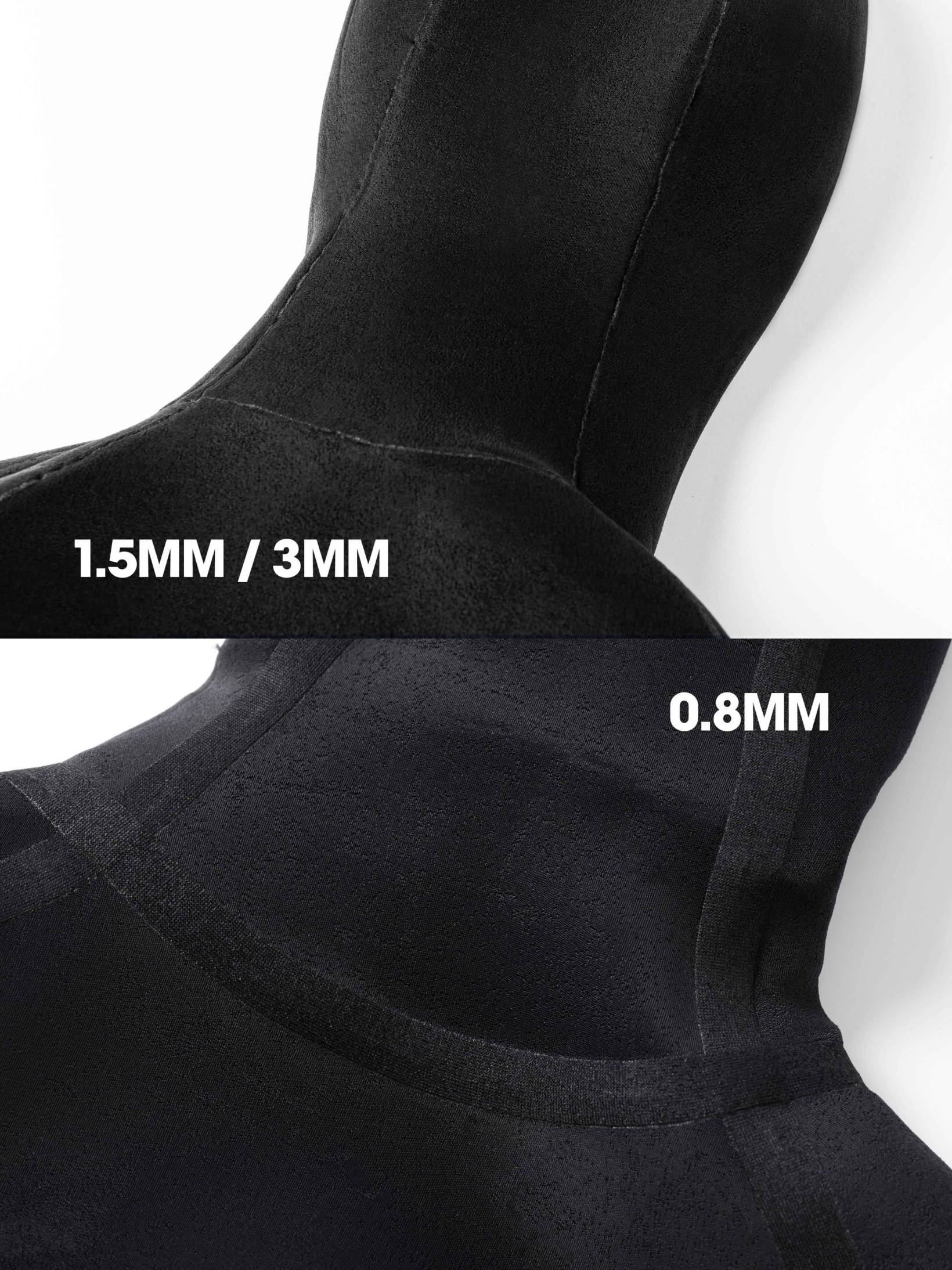 Molchanovs PRO wetsuit hood and neck seam detail comparing 1.5mm/3mm and 0.8mm inside-lined construction
