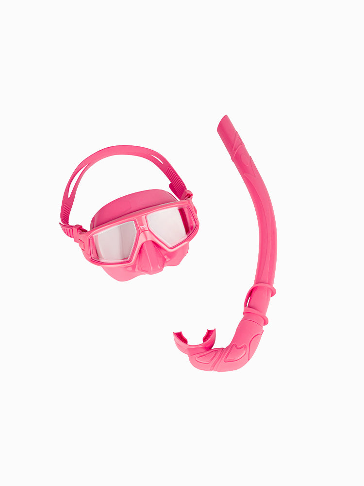 Molchanovs CORE freediving mask and snorkel bundle in solid pink with matching pink silicone skirt, angled view