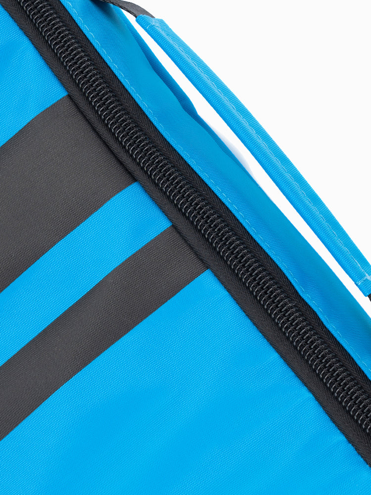 Close-up of the main zip closure on the blue Molchanovs Bifins Bag 3, showing black stripe detail