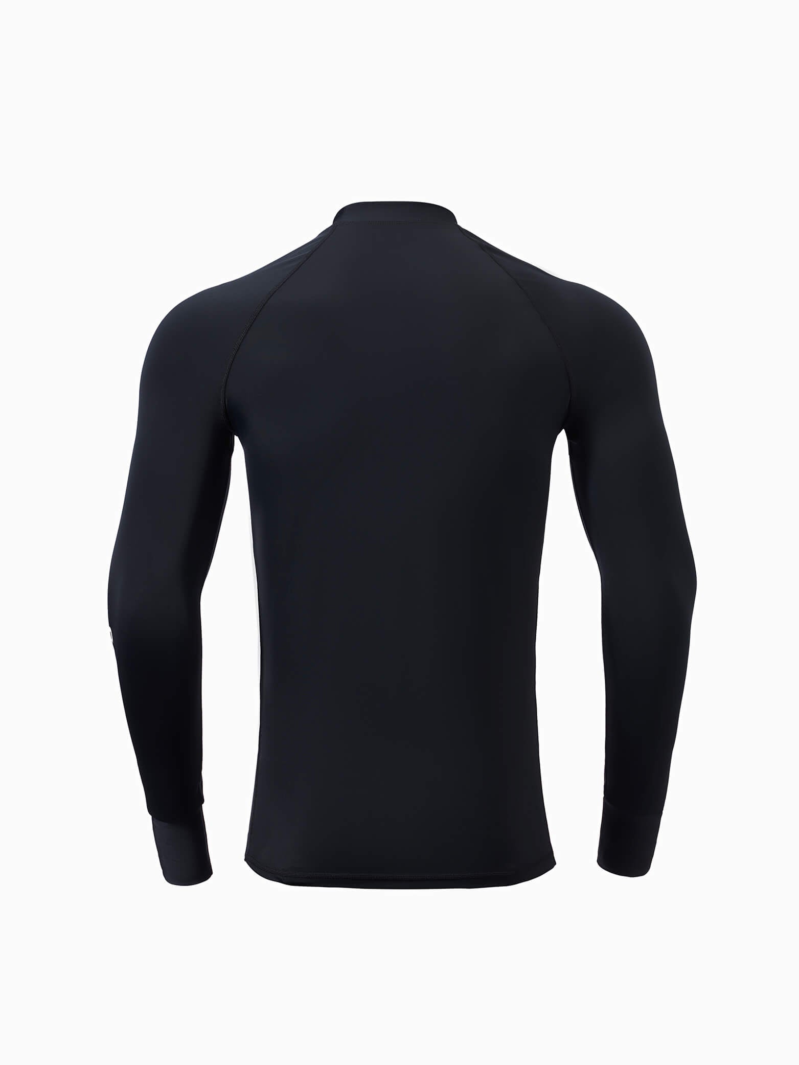 Molchanovs Men's UPF 50+ rash guard in black, back view on mannequin showing clean seam construction and raglan sleeves