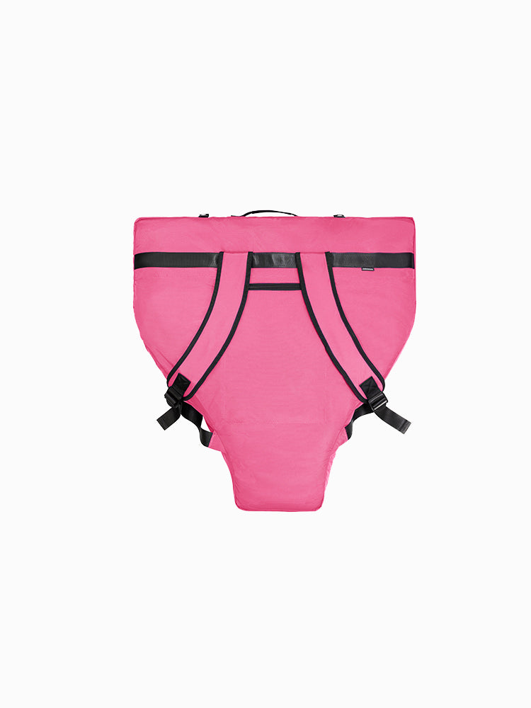 Molchanovs monofin bag in pink, rear view, showing padded backpack straps and adjustable buckle closures