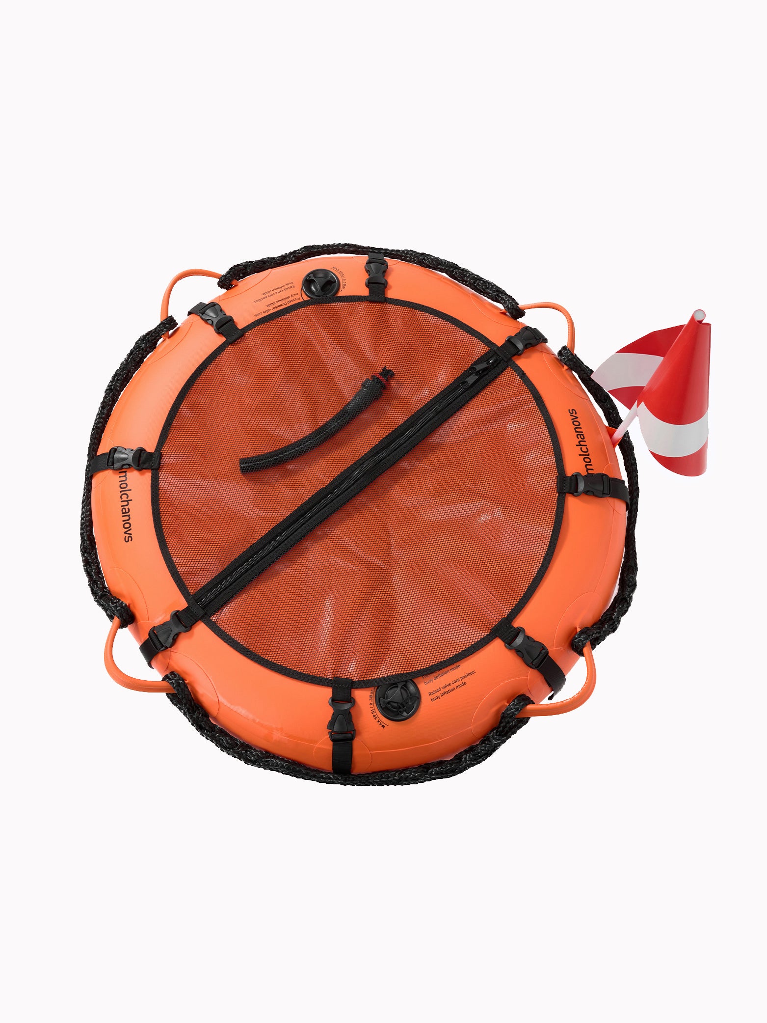 Molchanovs PRO freediving buoy top view with dive flag mounted, mesh platform, buckle straps, and rope handles visible