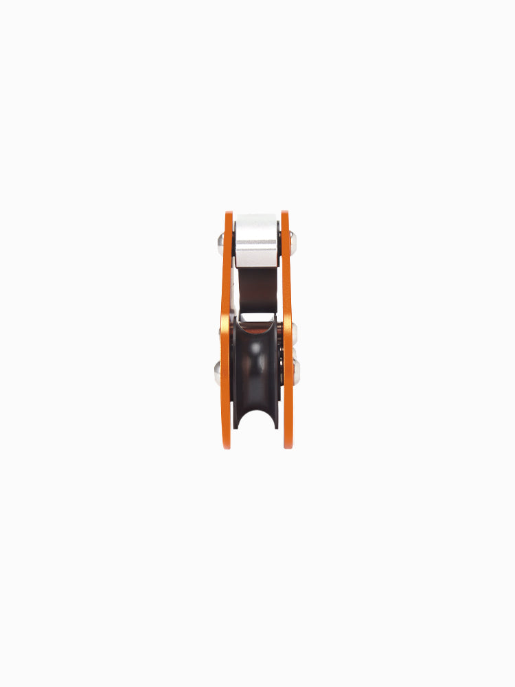 Molchanovs A6061 rope pulley end-on view showing the grooved roller wheel and orange aluminum side plates
