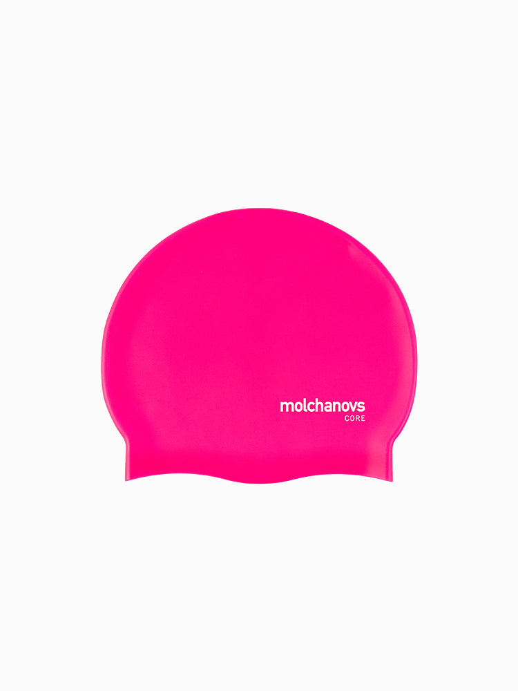 Molchanovs CORE silicone swim cap in hot pink, flat lay on white background