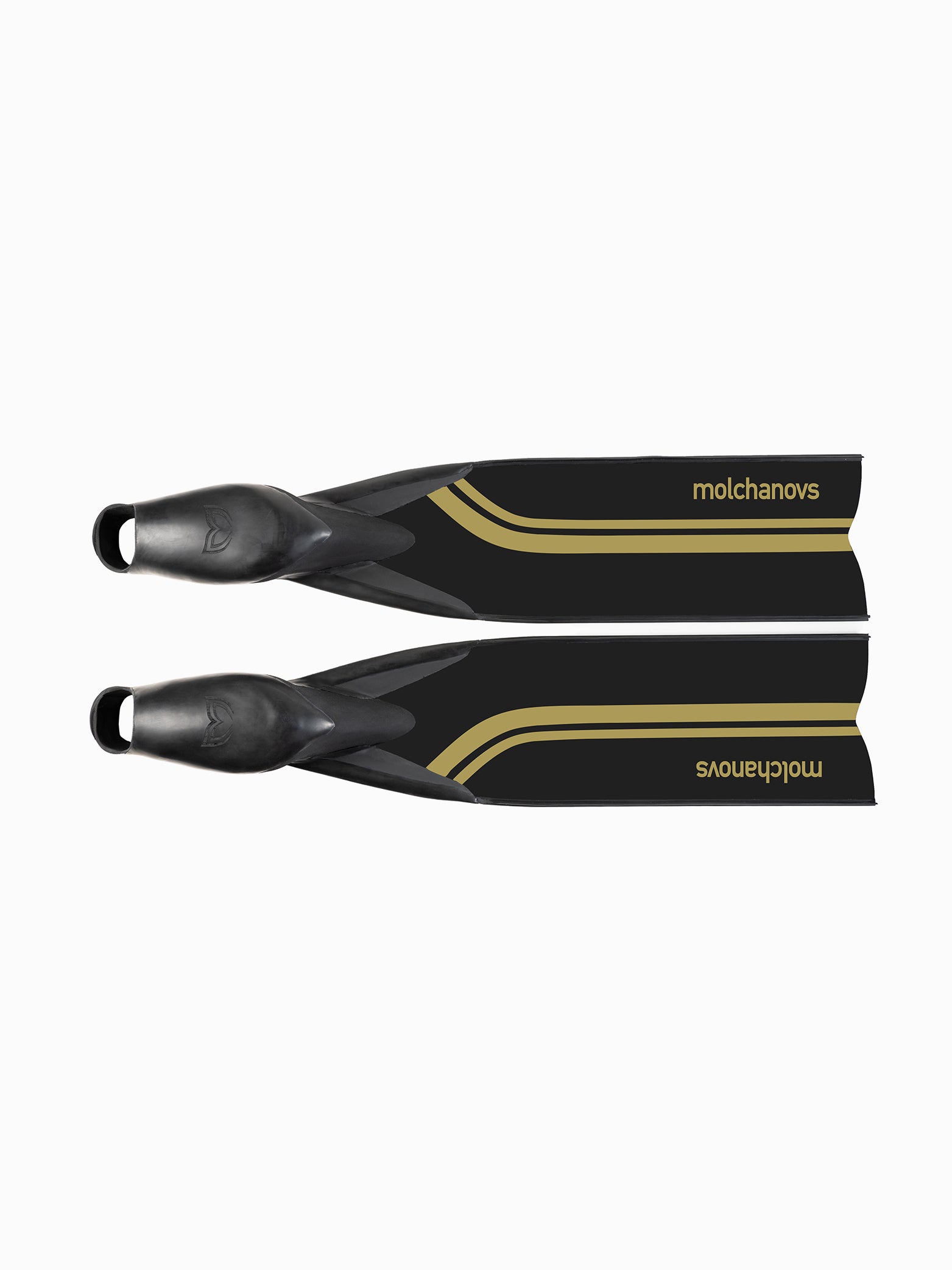 Molchanovs PRO Hyper Bifins X Fiberglass in black with gold stripe, pair shown from above