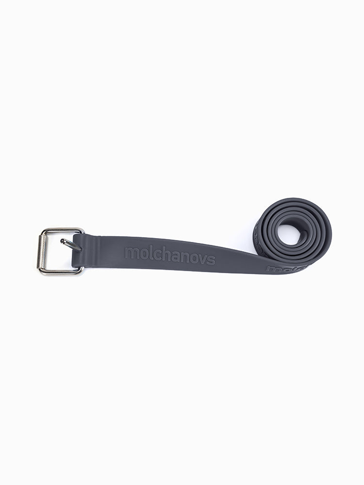 Molchanovs CORE Silicone Weight Belt in charcoal, unrolled and laid flat showing full strap length and stainless steel buckle