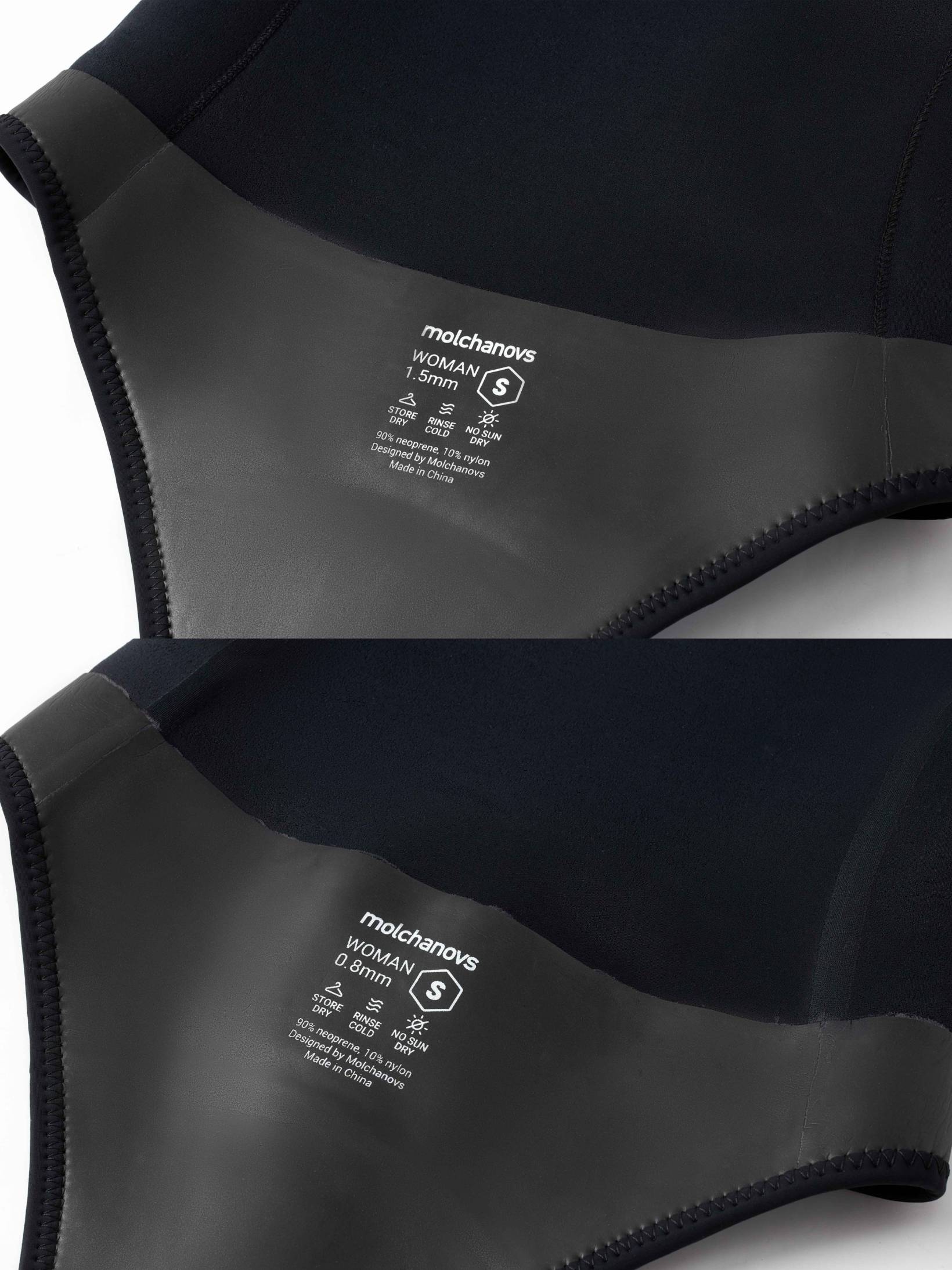 Molchanovs PRO women's wetsuit care label detail showing WOMAN sizing in 1.5mm and 0.8mm neoprene options