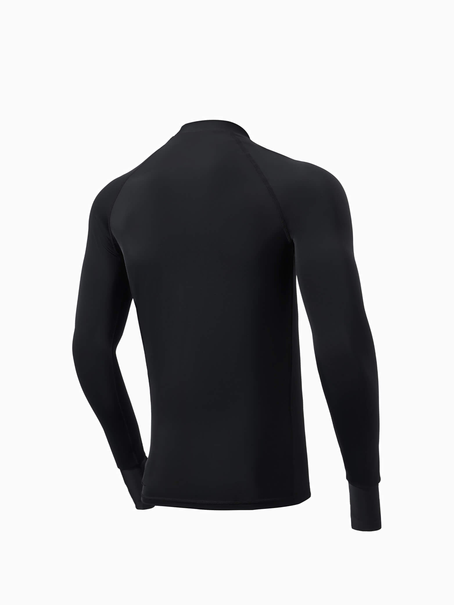 Molchanovs Men's UPF 50+ rash guard in black, three-quarter back view showing raglan sleeves and fitted silhouette
