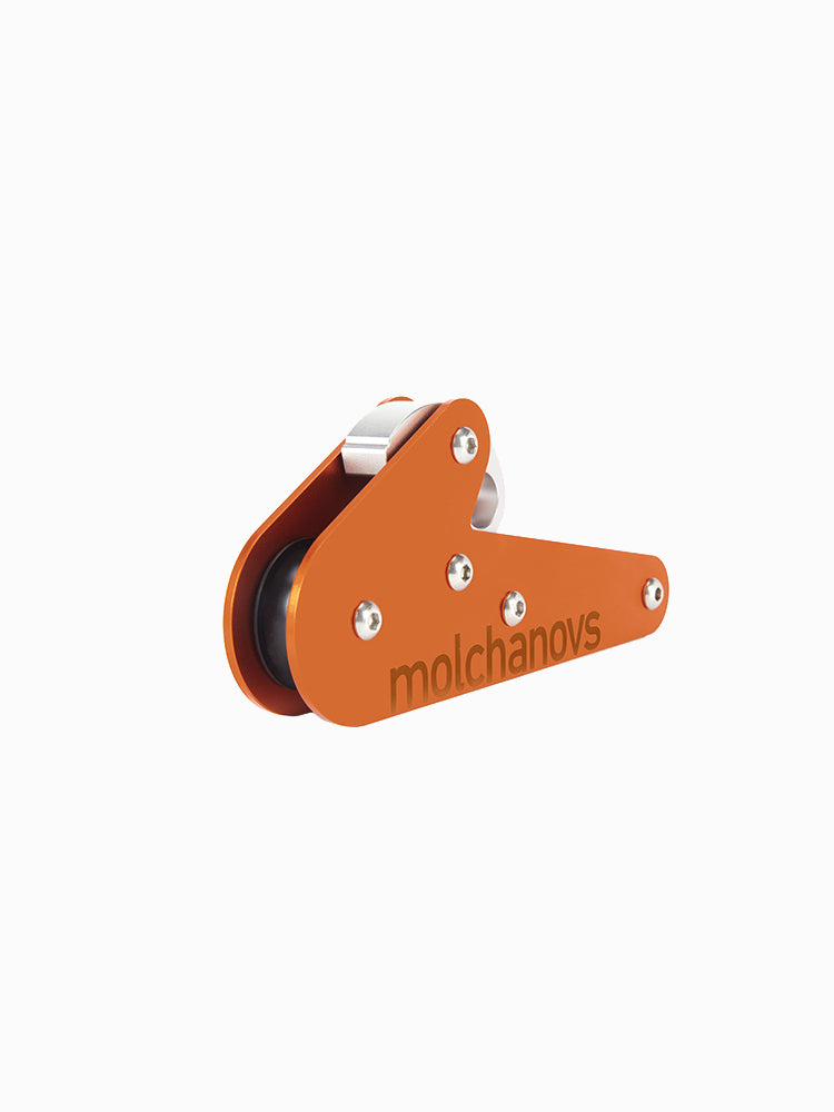 Molchanovs A6061 rope pulley three-quarter rear view showing the carabiner slot and roller assembly